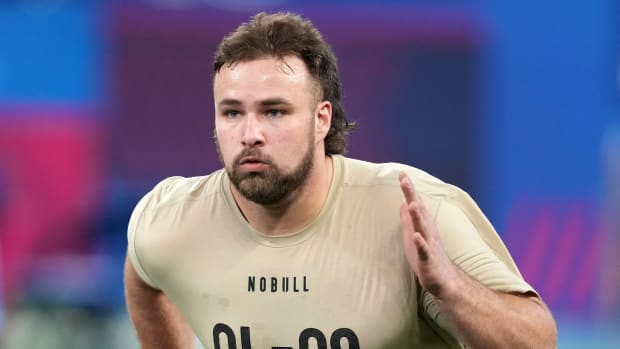 Wisconsin offensive lineman Tanor Bortolini (OL09) during the 2024 NFL Combine at Lucas Oil Stadium.